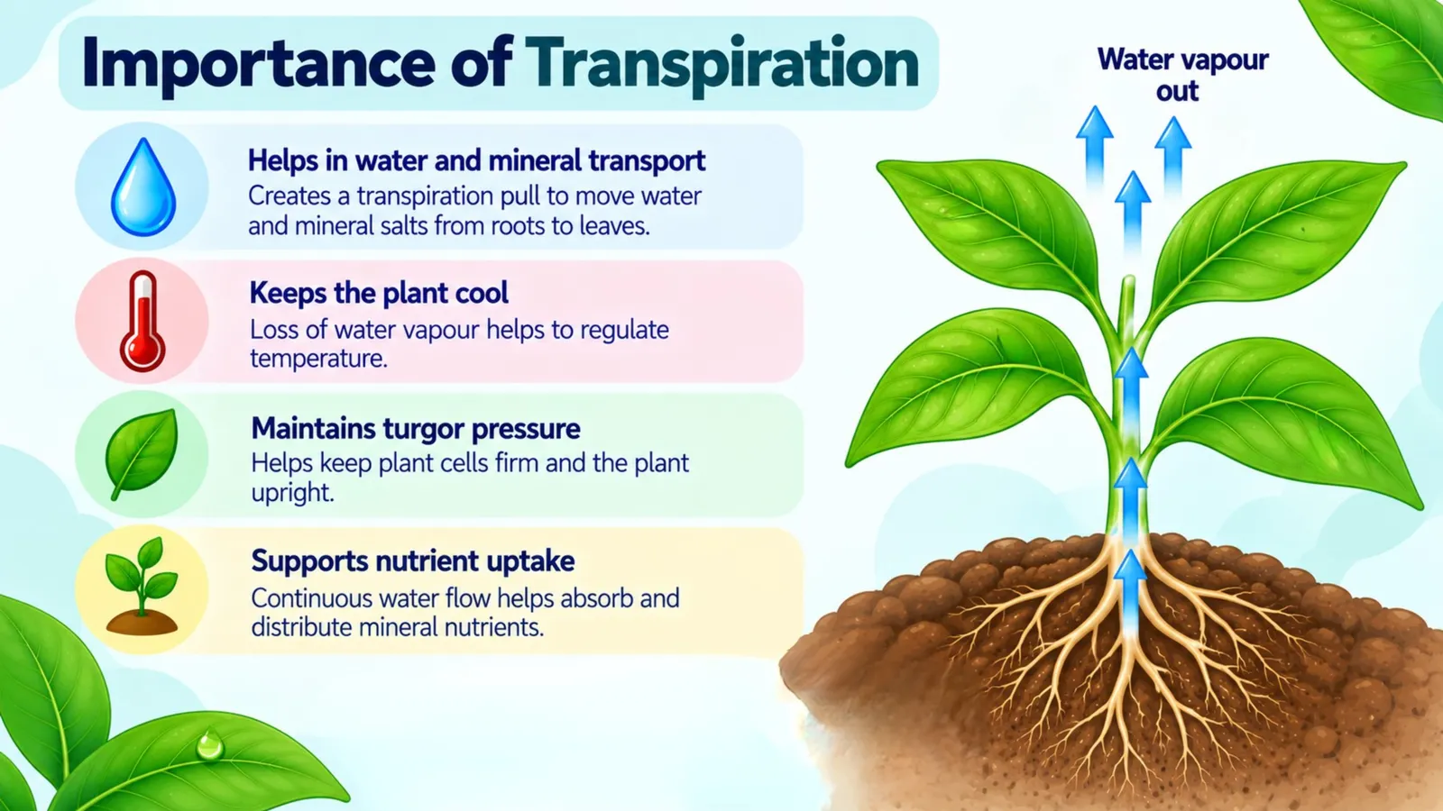Importance of transpiration: water and mineral transport, keeping the plant cool, maintaining turgor pressure, supporting nutrient uptake