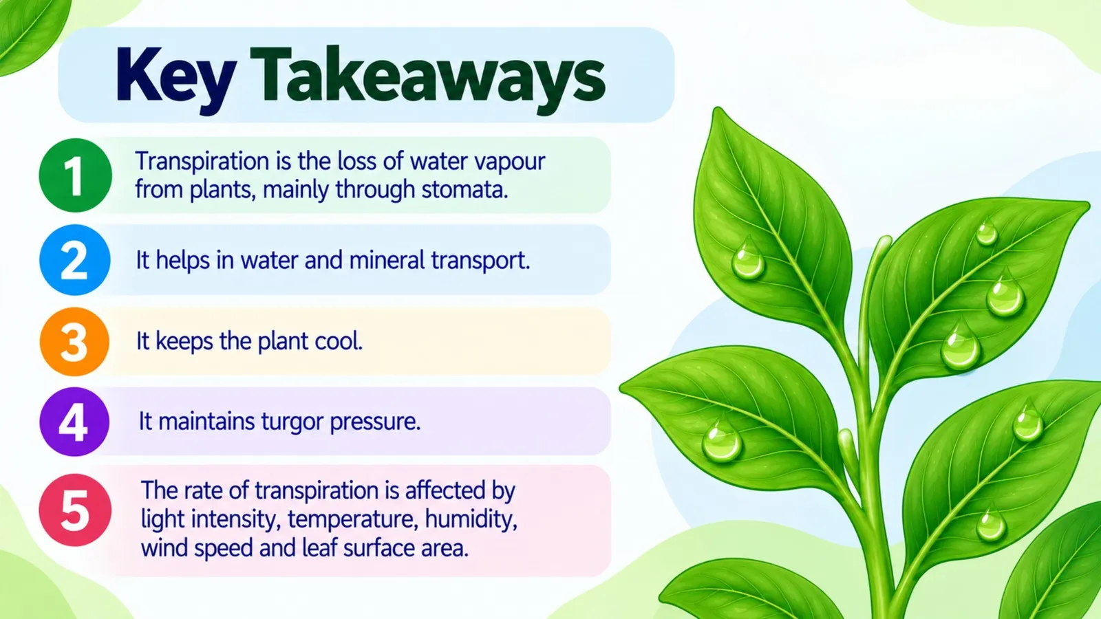 Transpiration key takeaways: water vapour lost through stomata, helps water and mineral transport, cools the plant, maintains turgor, rate depends on light, temperature, humidity, wind and leaf area