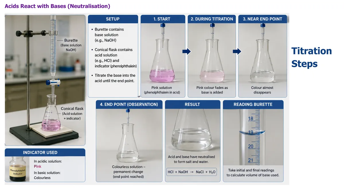 Titration steps: setup, during titration, near end point, end point and reading the burette, with indicator colour changes