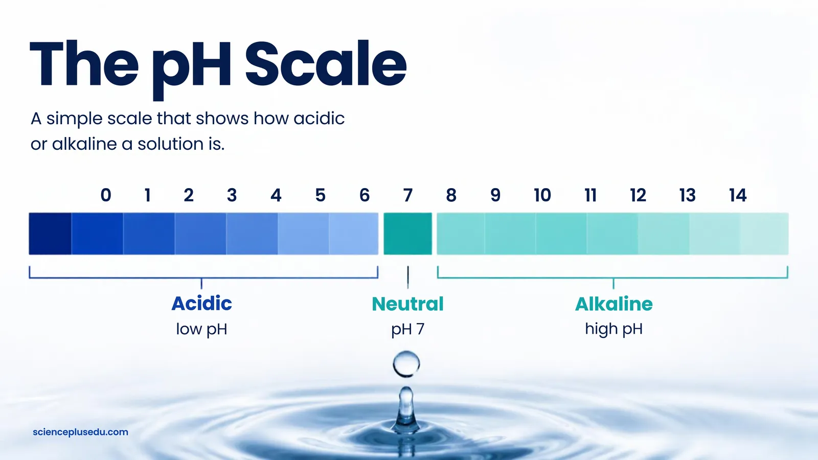 The pH scale from 0 to 14: acidic below 7, neutral at 7, alkaline above 7