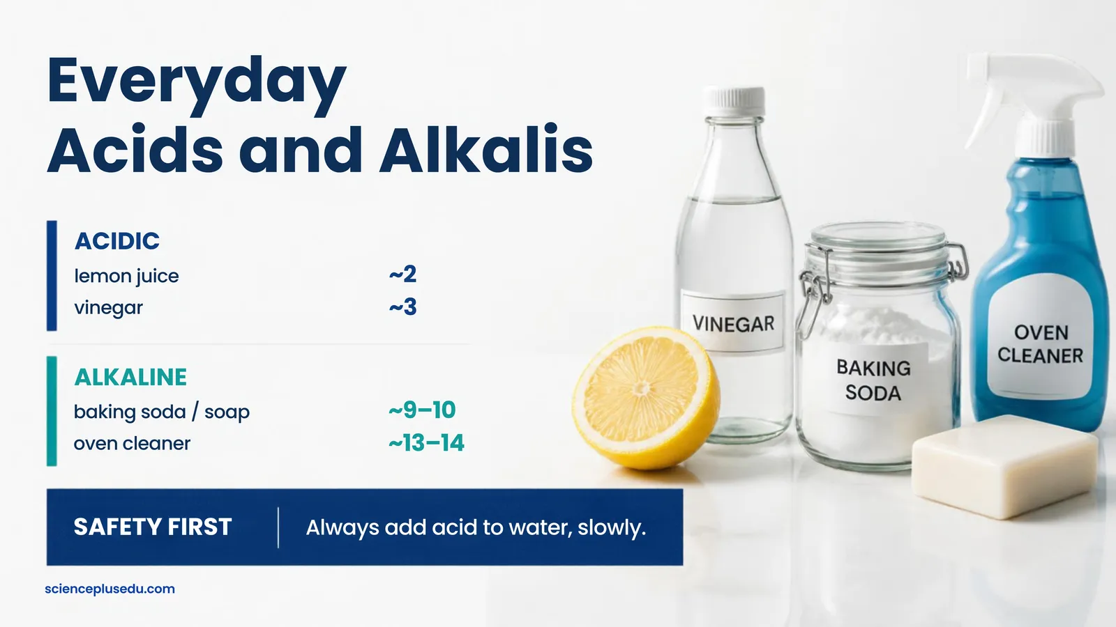 Everyday acids such as lemon juice and vinegar and alkalis such as baking soda, soap and oven cleaner, with the safety rule to add acid to water slowly