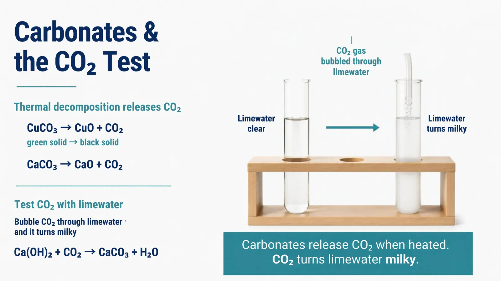 Thermal decomposition of carbonates and the limewater test, where carbon dioxide turns limewater milky