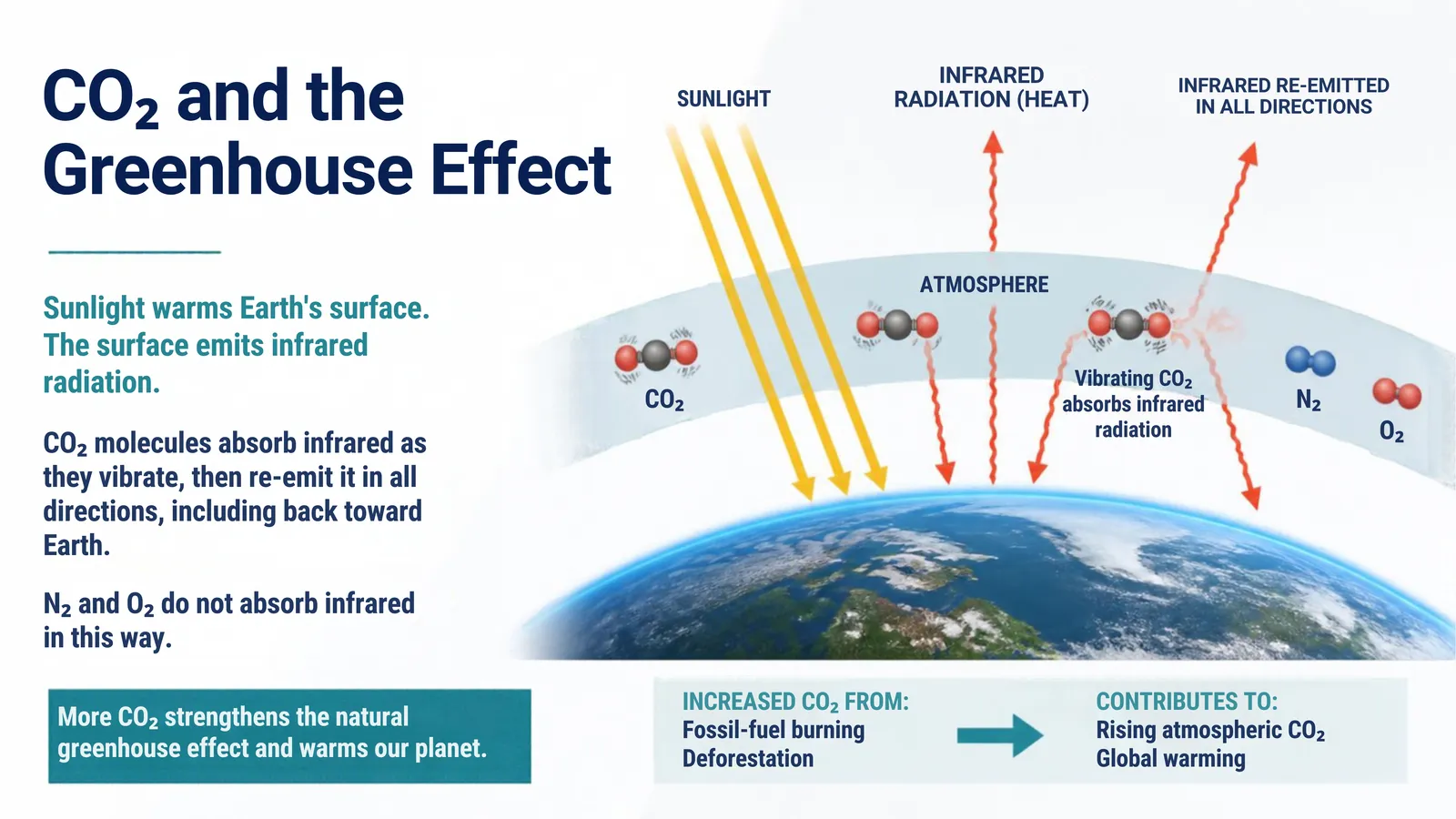 Diagram of the greenhouse effect: sunlight warms Earth, infrared radiation is absorbed by CO2 and re-emitted in all directions