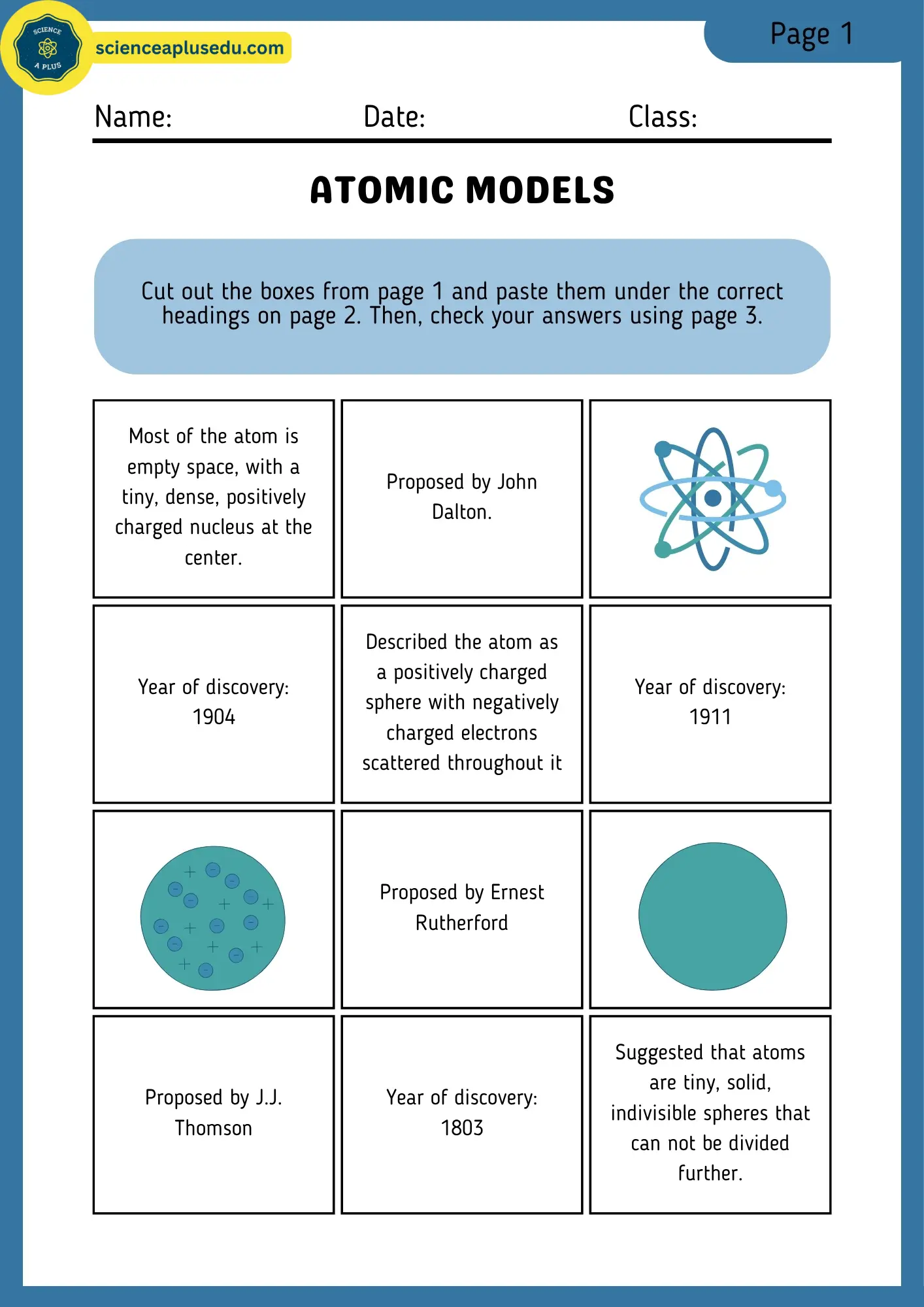 Atomic Models Activity Sheet 1 - Filling table worksheet where students match atomic model descriptions, scientists, and years