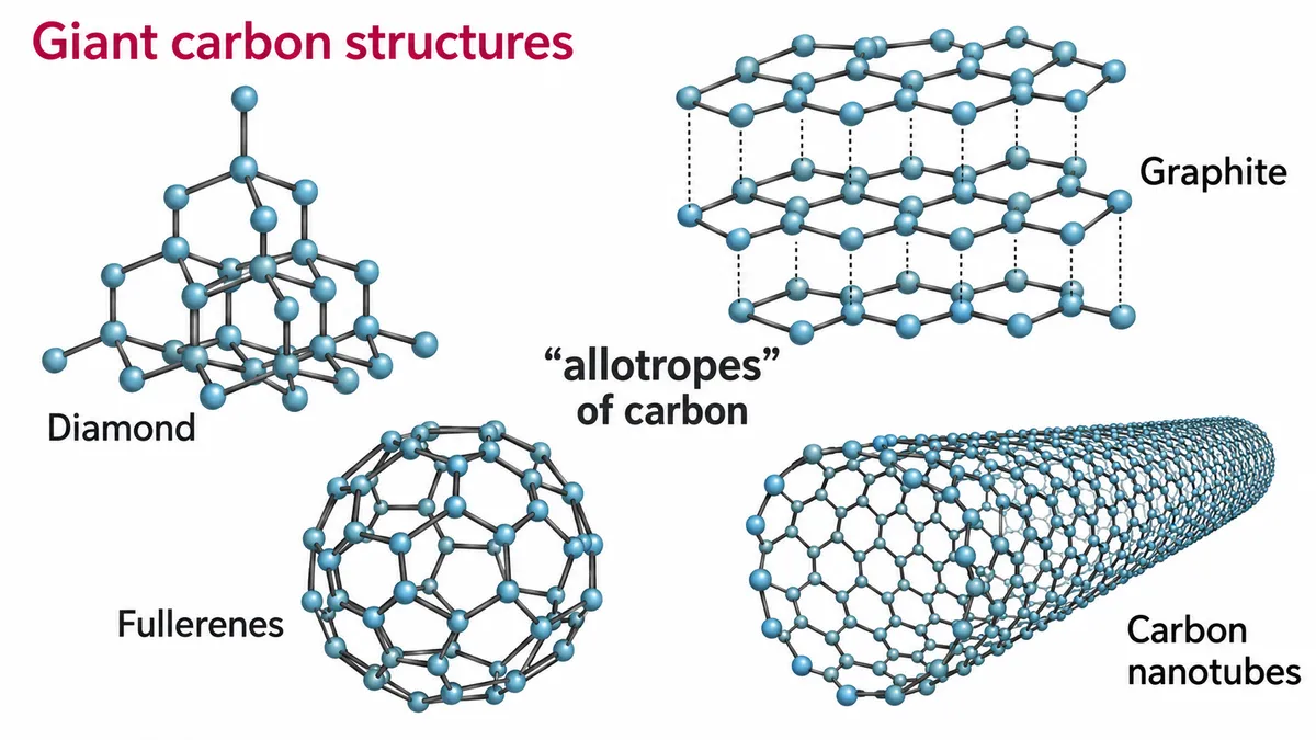 Giant carbon structures: the allotropes diamond, graphite, a fullerene ball and a carbon nanotube