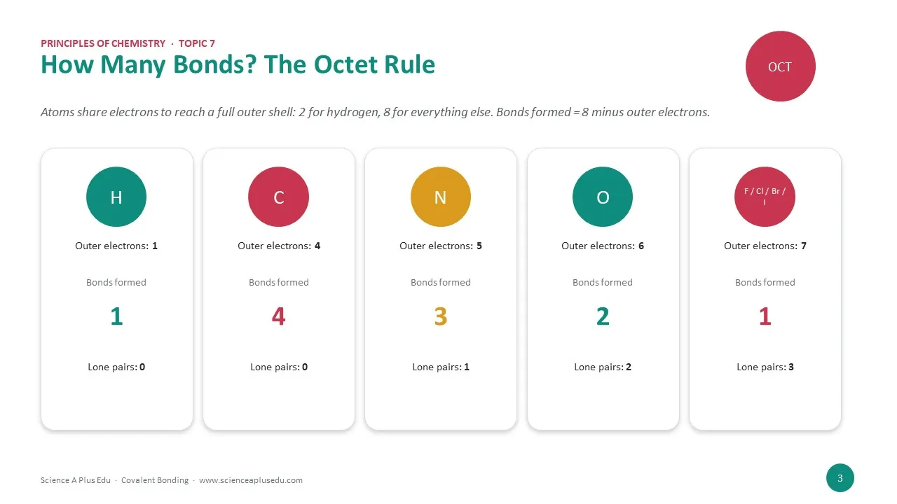 The octet rule: hydrogen, carbon, nitrogen, oxygen and chlorine with their outer electrons, number of bonds and lone pairs