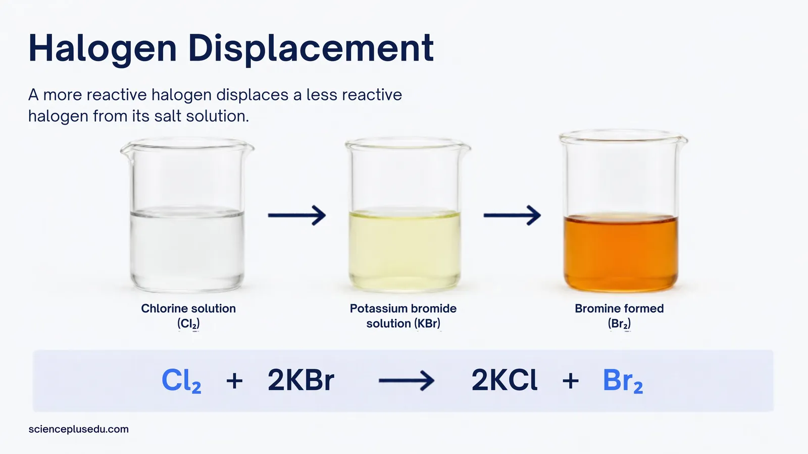 Halogen displacement: chlorine solution added to potassium bromide forms orange bromine and potassium chloride
