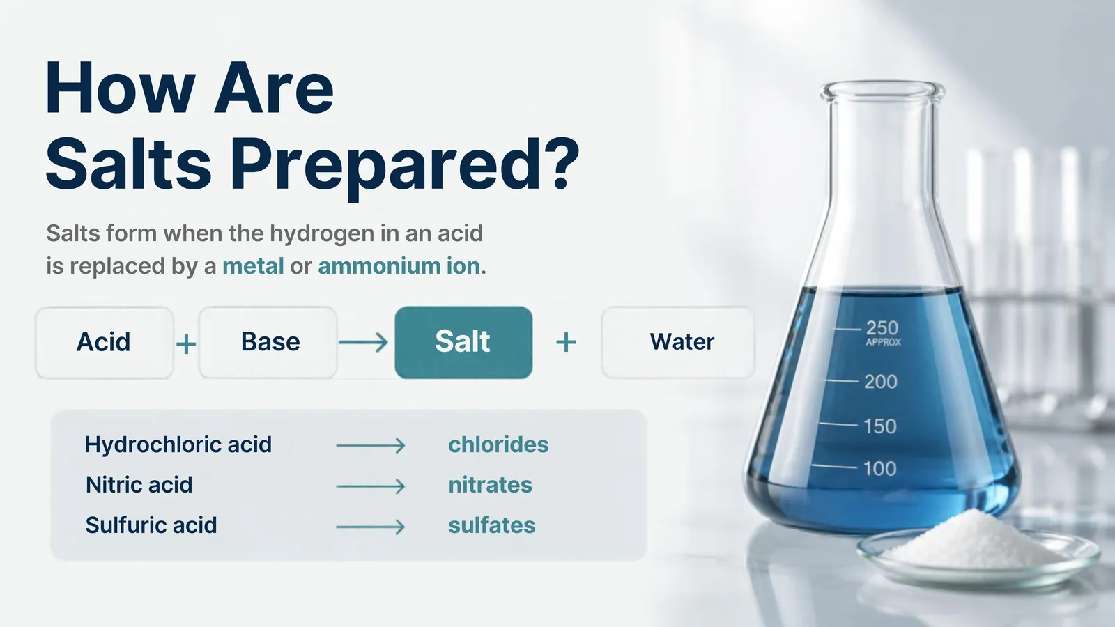 How are salts prepared: a salt forms when the hydrogen in an acid is replaced by a metal or ammonium ion, with hydrochloric, nitric and sulfuric acids giving chlorides, nitrates and sulfates