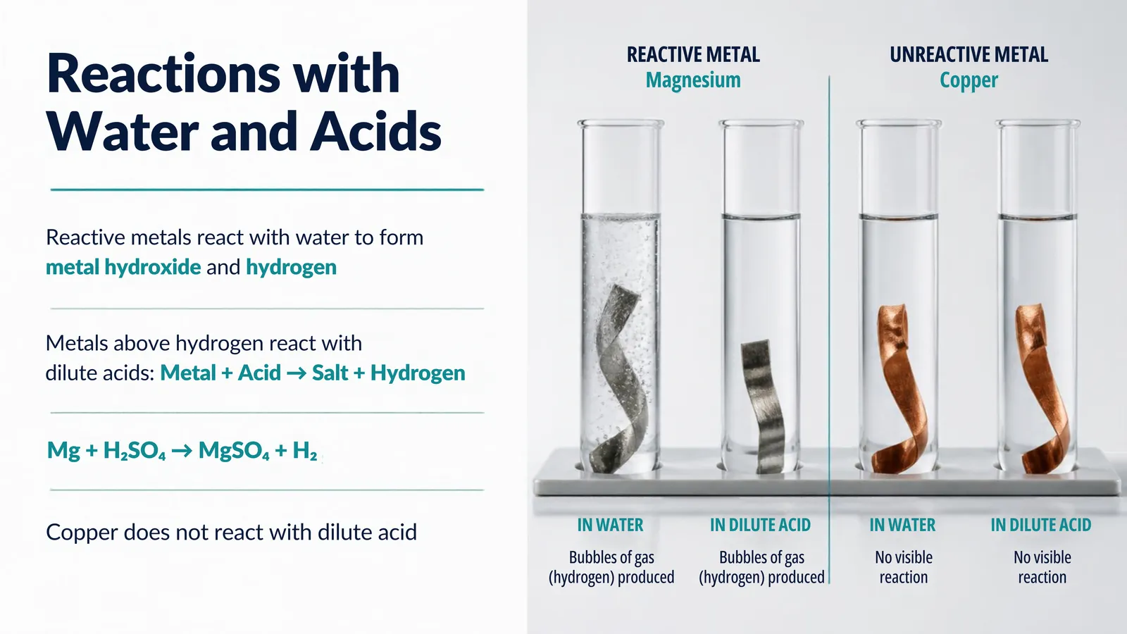 Reactions with water and acids: magnesium gives off hydrogen bubbles in dilute acid while copper shows no visible reaction, with the equation Mg + H2SO4 → MgSO4 + H2