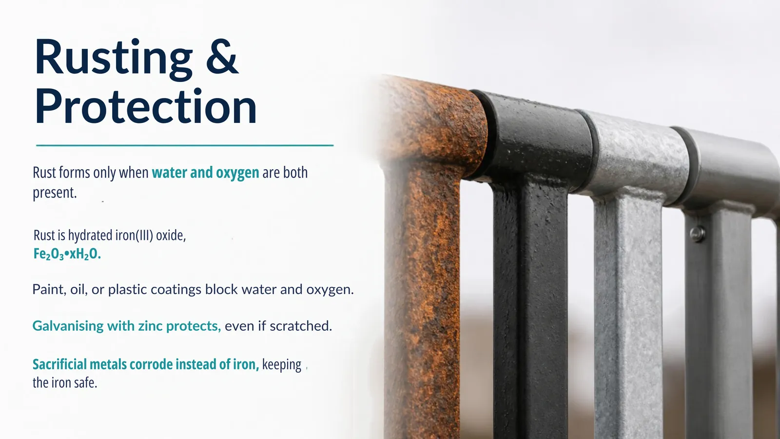 Rusting and protection: rust is hydrated iron(III) oxide and forms only with water and oxygen; paint, galvanising with zinc and sacrificial metals protect iron railings