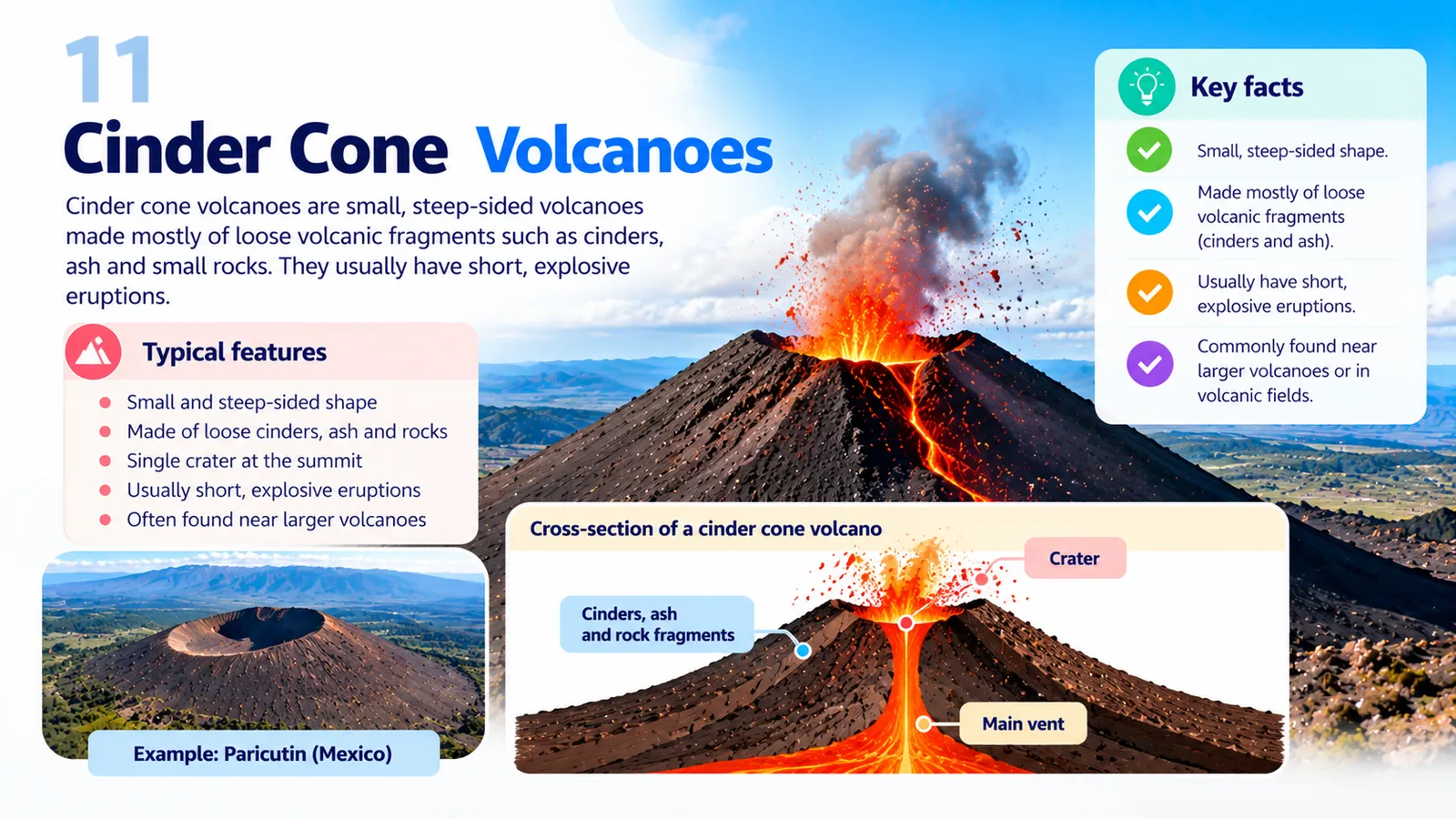 Cinder cone volcanoes: small, steep cones of loose cinders and ash around a single crater, with Parícutin in Mexico as the example