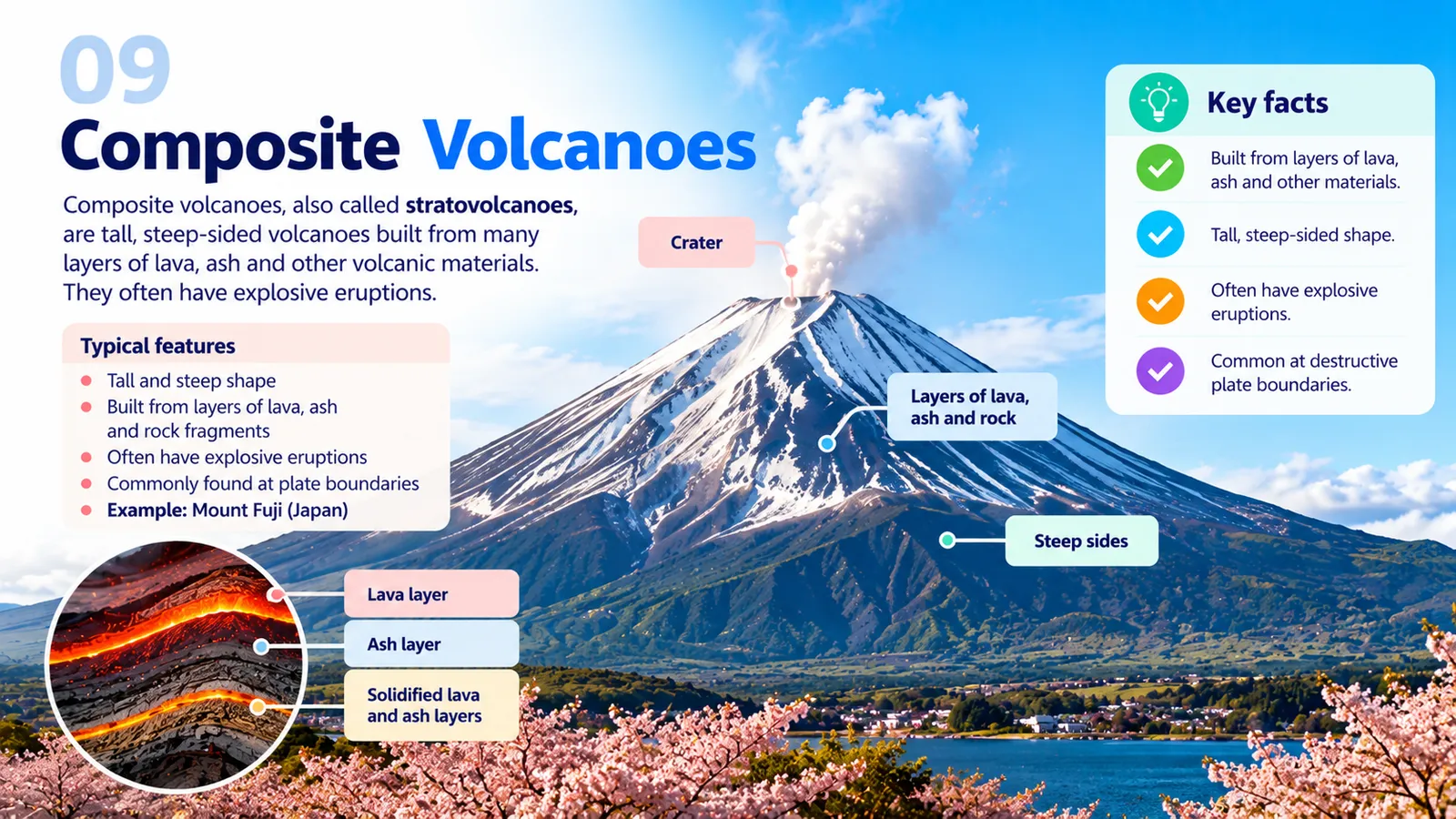 Composite volcanoes (stratovolcanoes): tall, steep cones of alternating lava, ash and rock layers that often erupt explosively