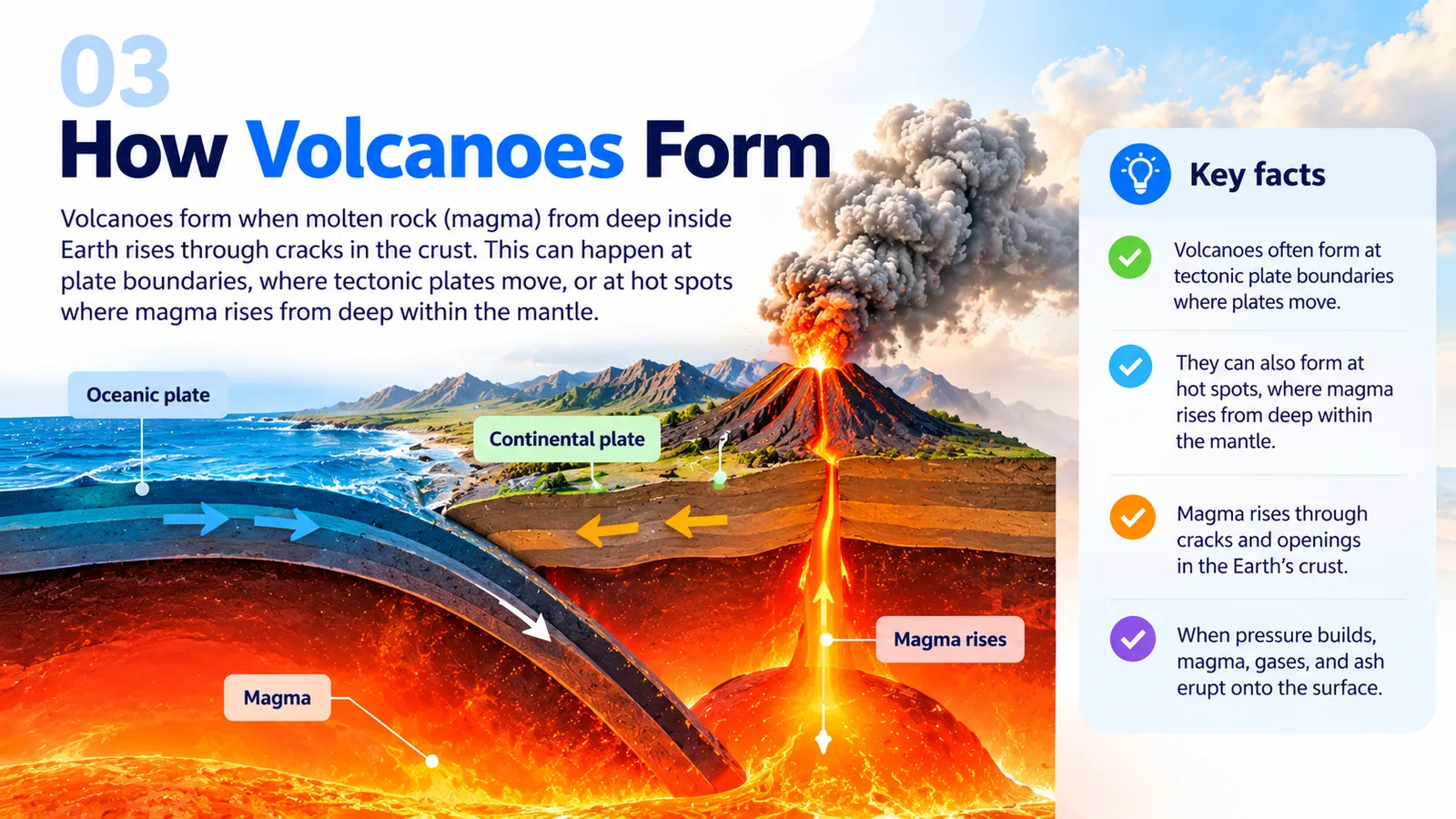 How volcanoes form: an oceanic plate sinking beneath a continental plate, with magma rising from the mantle to a volcano