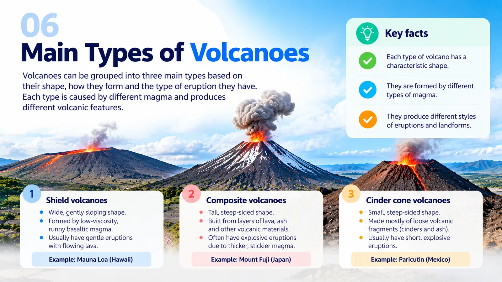 The three main types of volcanoes compared: shield, composite and cinder cone, with their shapes and eruption styles