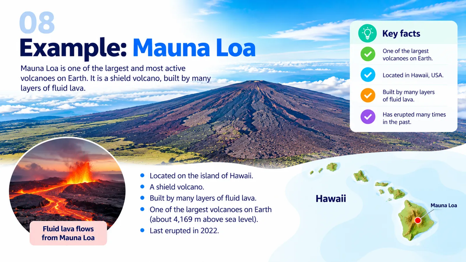 Mauna Loa on the island of Hawaii: a shield volcano built from many layers of fluid lava, last erupted in 2022