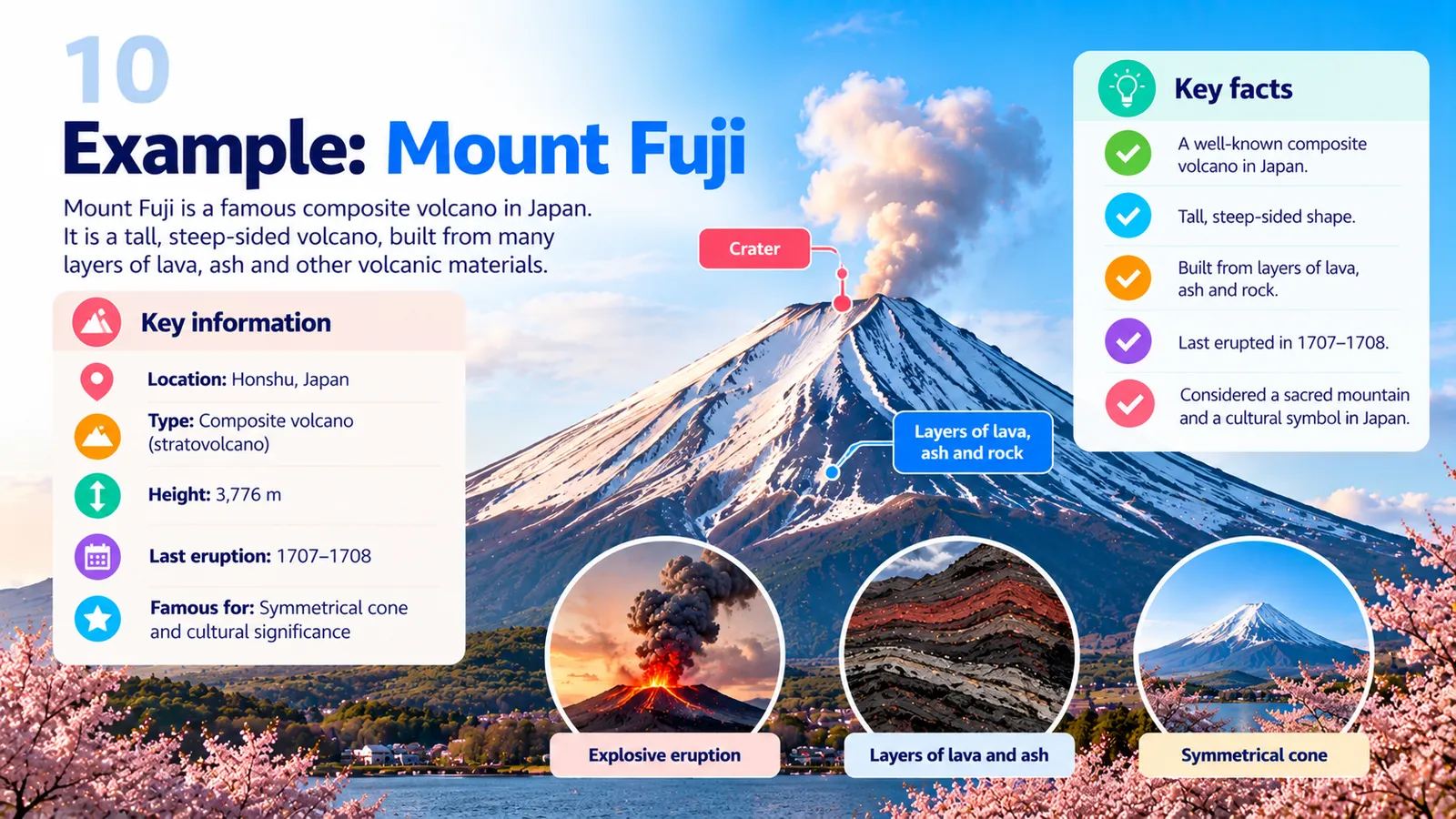 Mount Fuji, Japan: a symmetrical composite volcano 3,776 metres tall, built from layers of lava, ash and rock