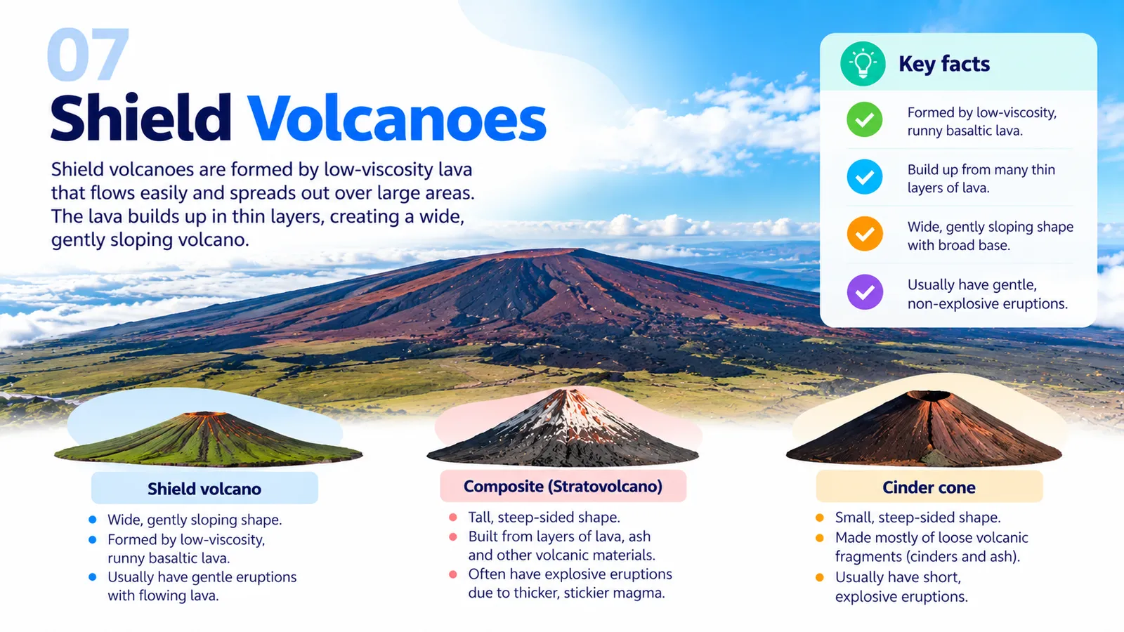Shield volcanoes: wide, gently sloping cones built from thin layers of runny lava, compared with composite volcanoes and cinder cones