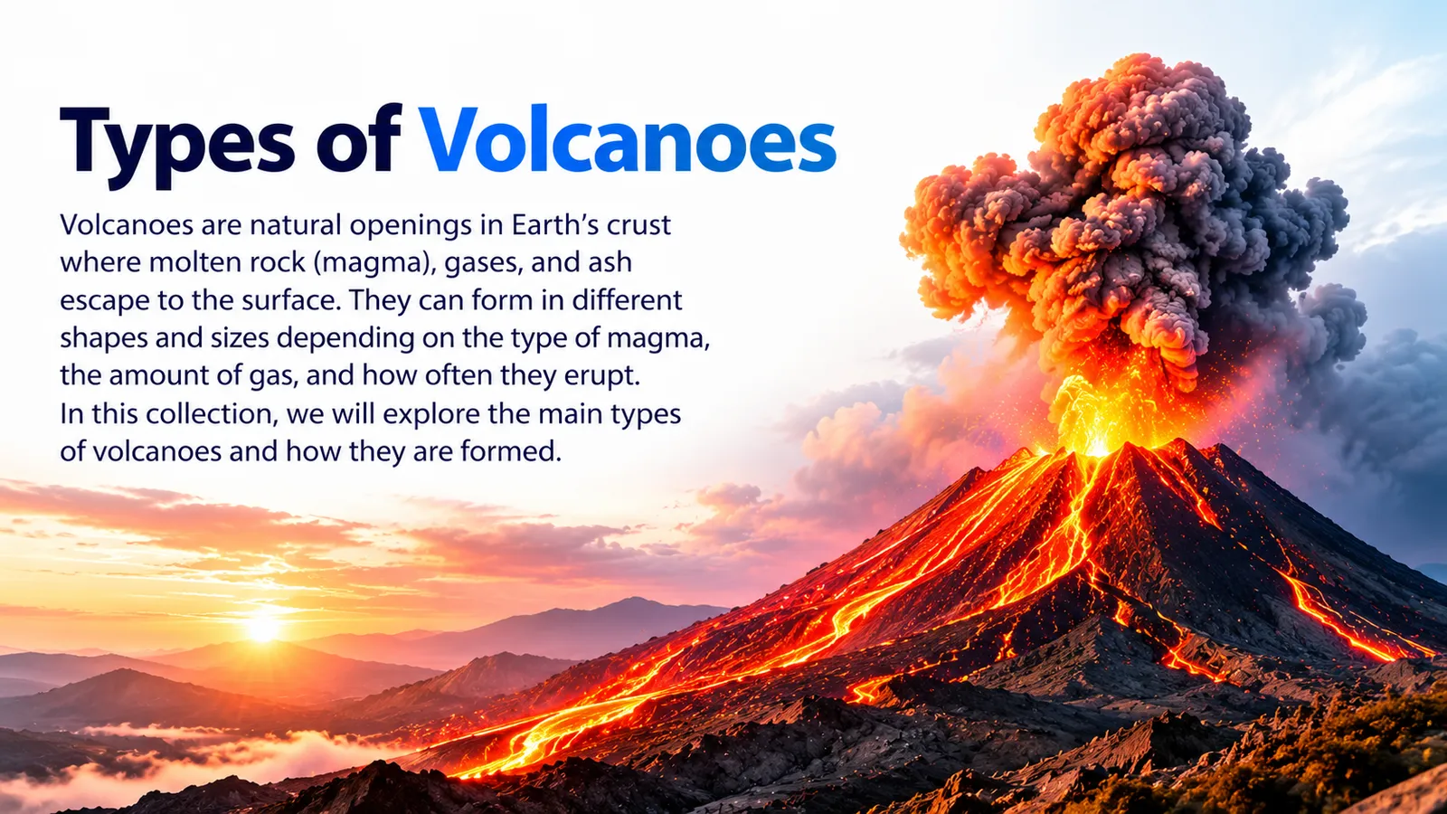 Types of volcanoes: openings in Earth's crust where molten rock, gases and ash escape, in different shapes and eruption styles