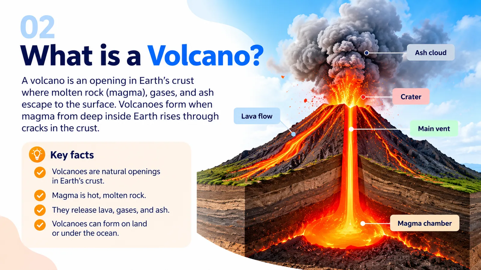 What is a volcano: an erupting cone labelled with ash cloud, crater, main vent, lava flow and magma chamber