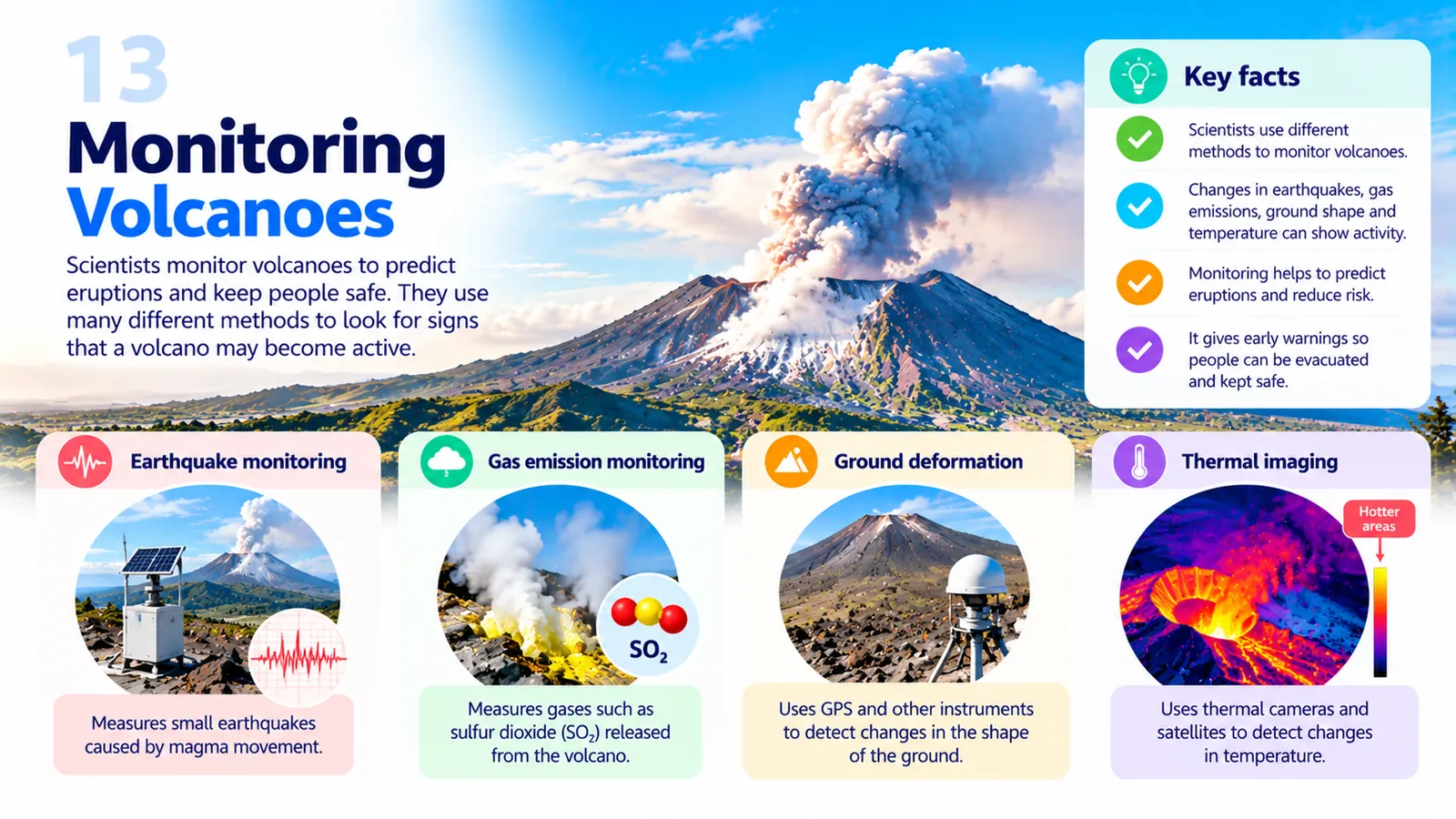 How scientists monitor volcanoes: earthquake monitoring, gas emission sensors, ground deformation and thermal imaging
