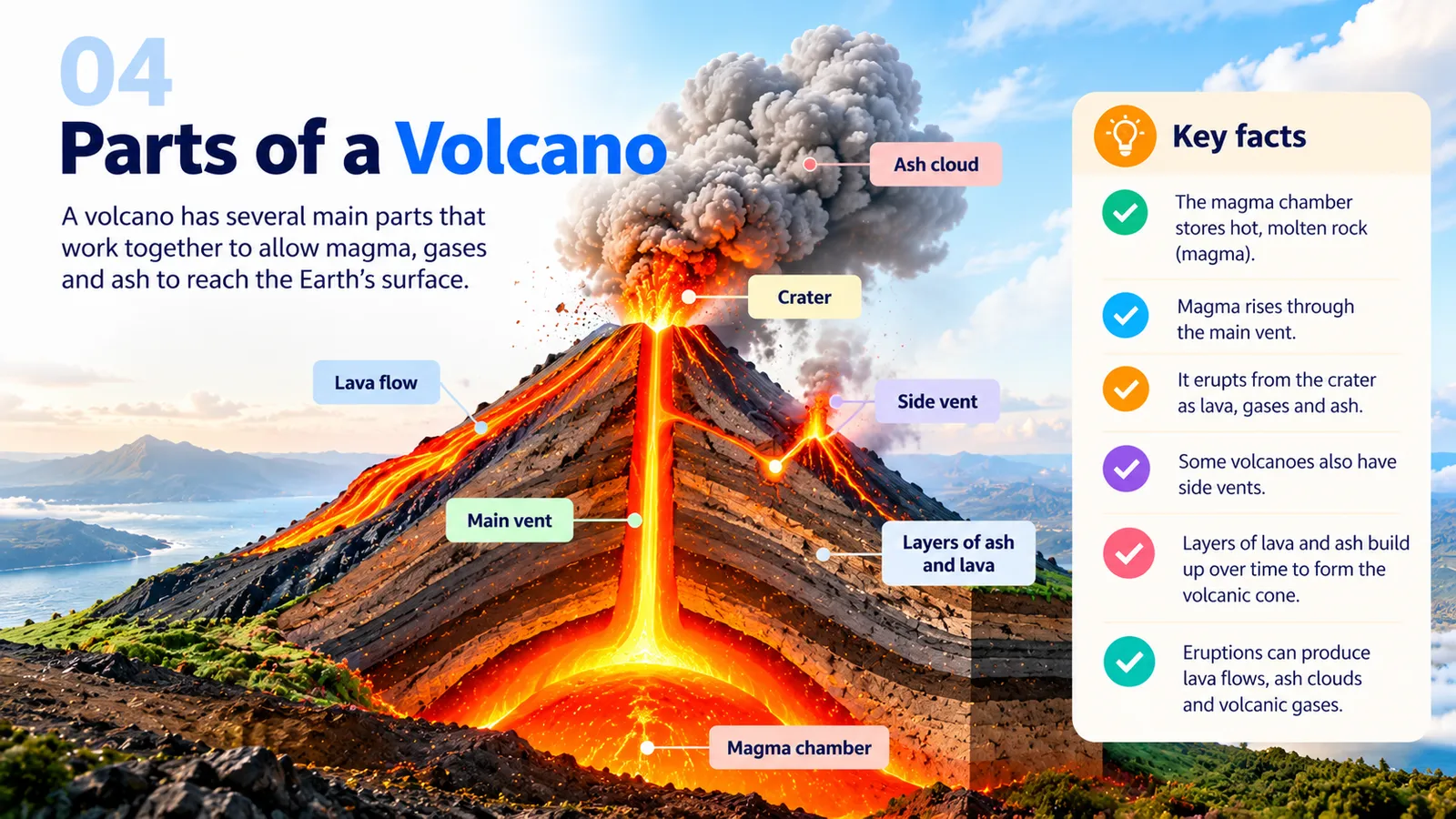 Cross-section of a volcano labelling the magma chamber, main vent, side vent, crater, layers of lava and ash, and ash cloud