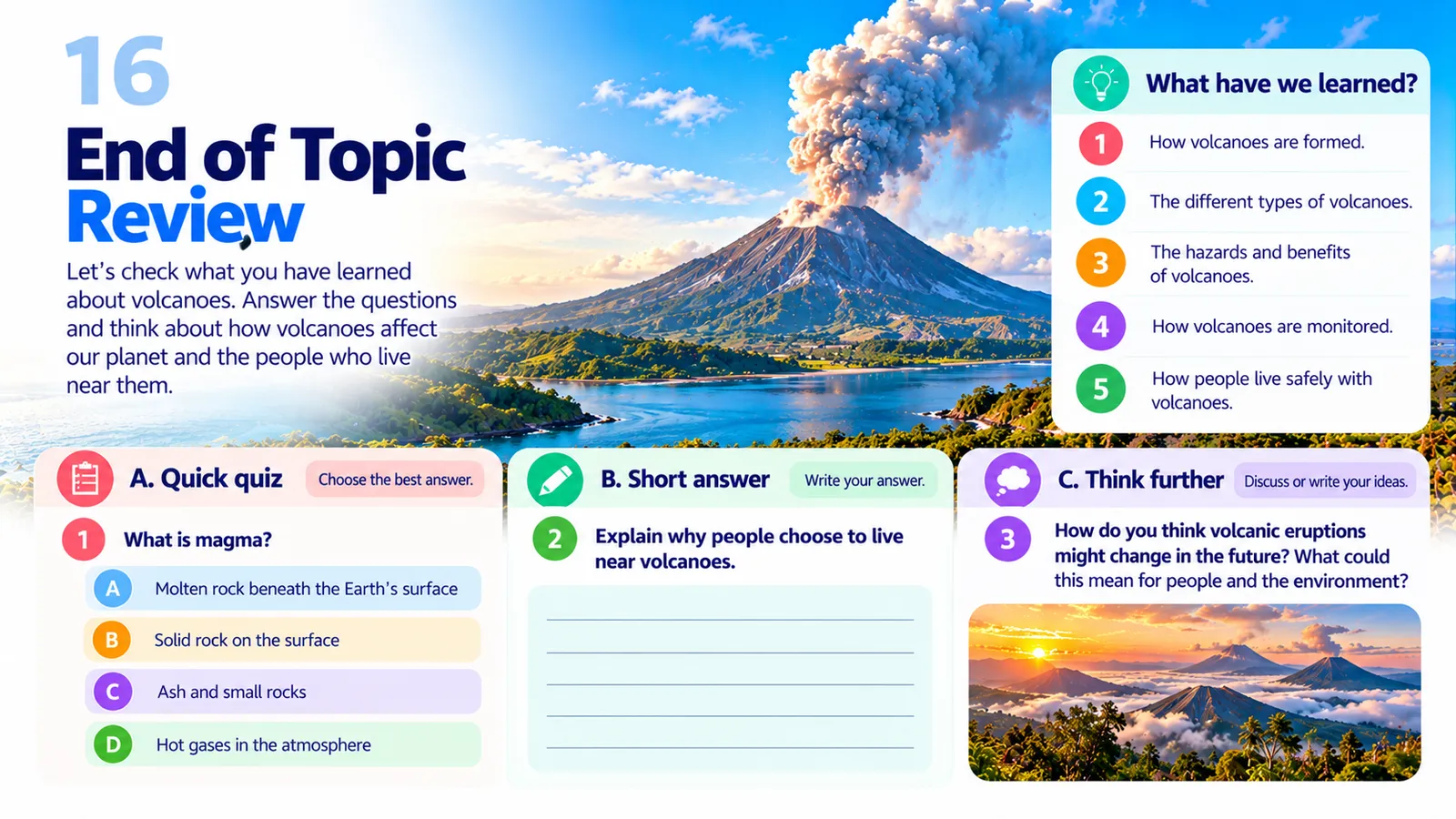 End-of-topic volcano review: a multiple-choice question on magma, a short-answer question and a think-further discussion question