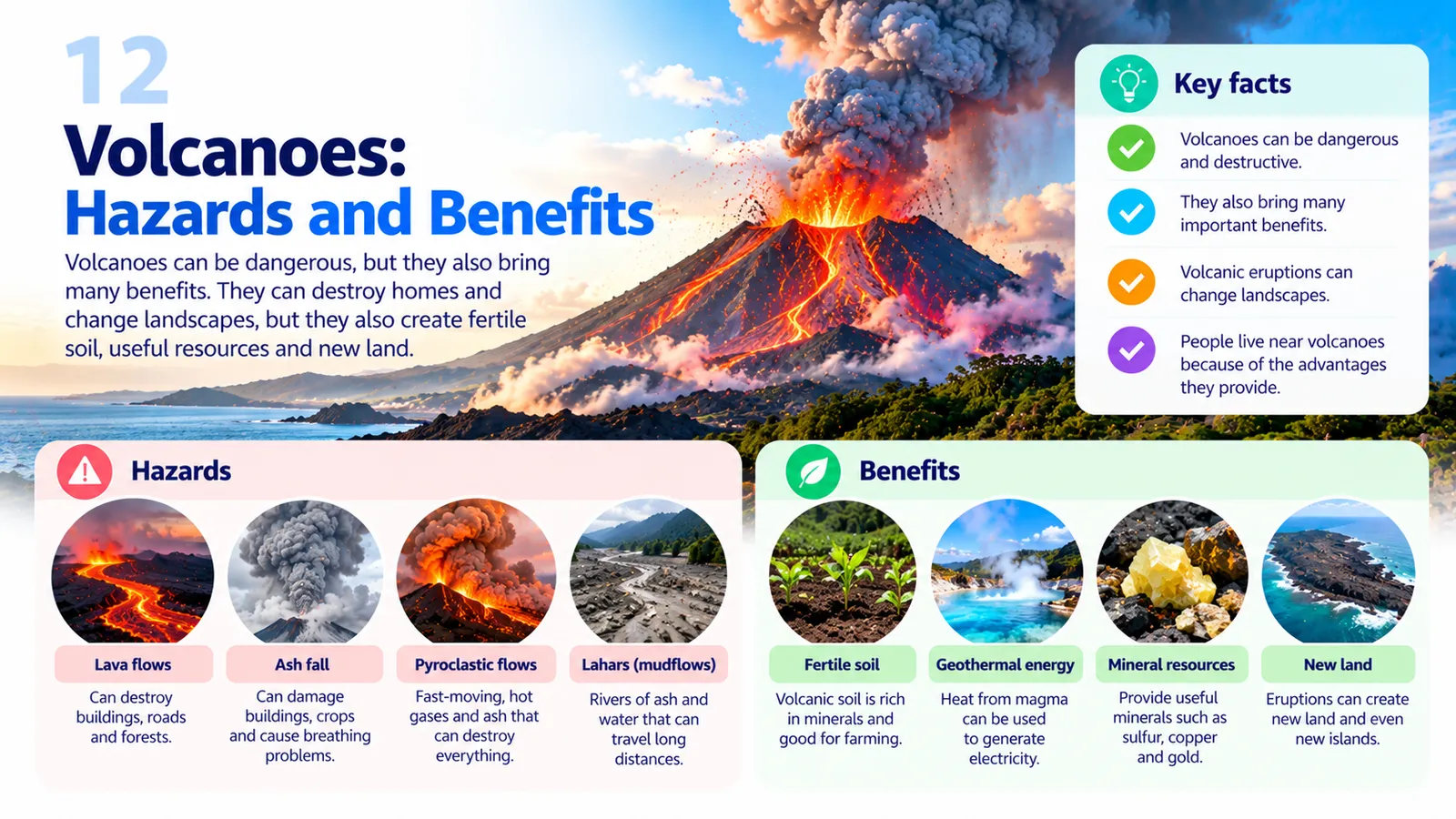Volcanic hazards (lava flows, ash fall, pyroclastic flows, lahars) and benefits (fertile soil, geothermal energy, minerals, new land)