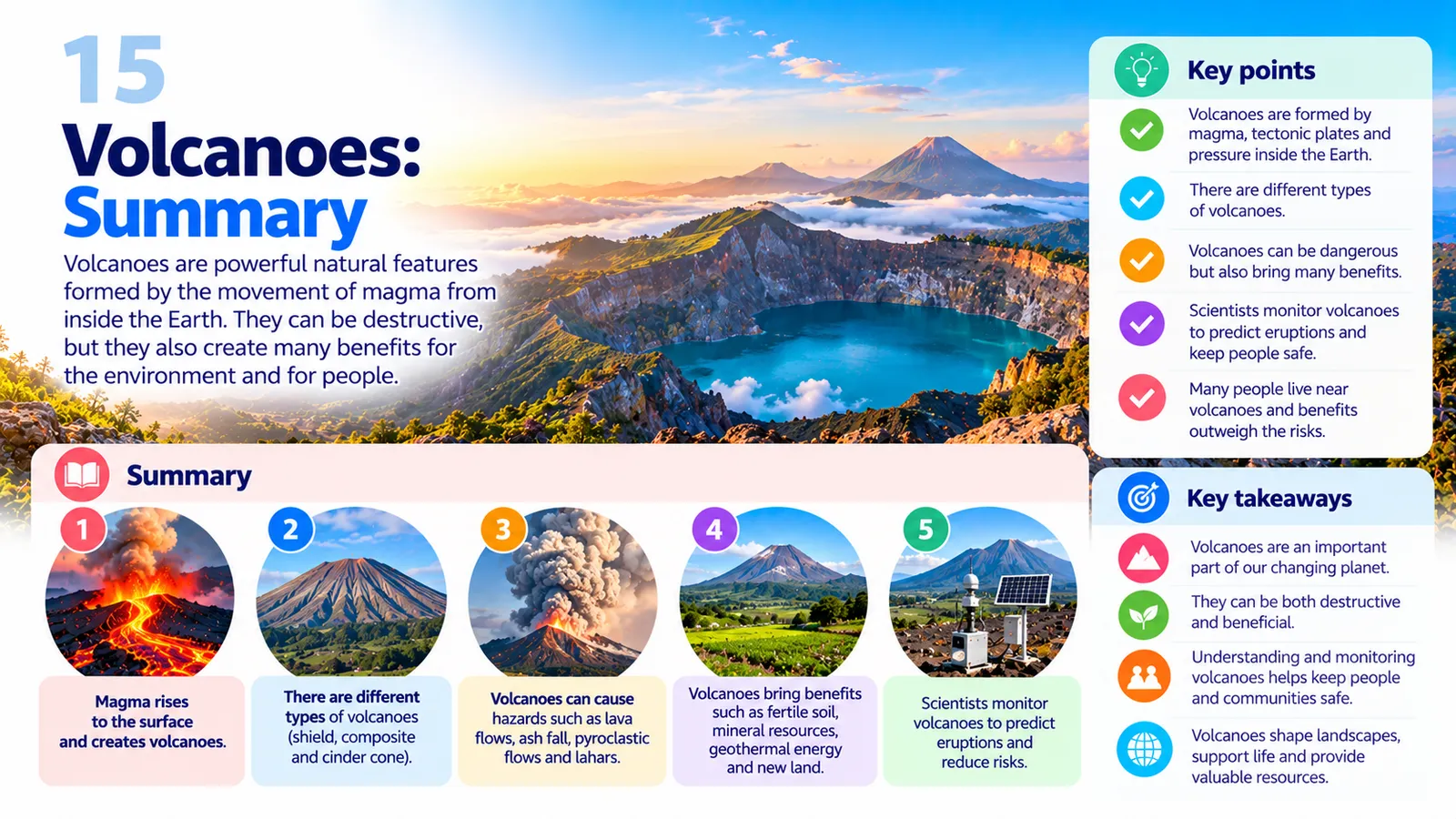 Volcanoes summary: magma rises to form volcanoes, the main types, their hazards and benefits, and how scientists monitor them