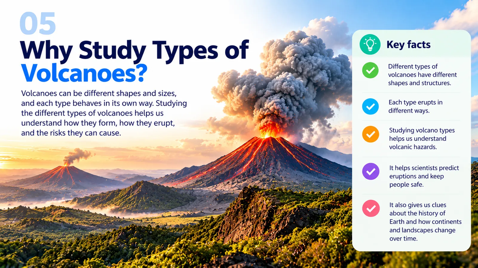 Why study types of volcanoes: each type erupts differently, so knowing the type helps forecast hazards and keep people safe